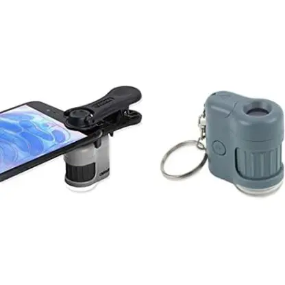 MicroMini™ 20x LED Lighted Pocket Microscope with Built-in LED and UV Flashlight, Smartphone Digiscoping Adapter Clip
