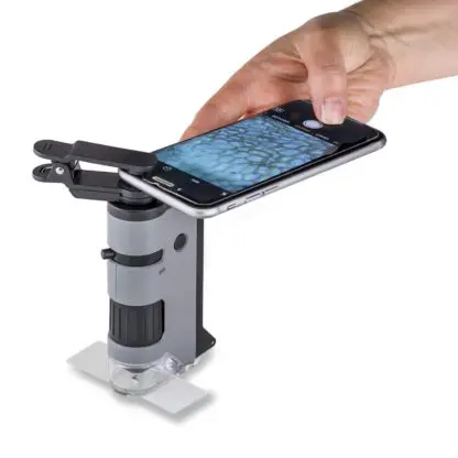 MicroFlip™ 100x-250x LED, UV Lighted Pocket Microscope, Flip Down Slide Base, Smartphone Digiscoping Clip