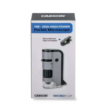 MicroFlip™ 100x-250x LED, UV Lighted Pocket Microscope, Flip Down Slide Base, Smartphone Digiscoping Clip - Image 4