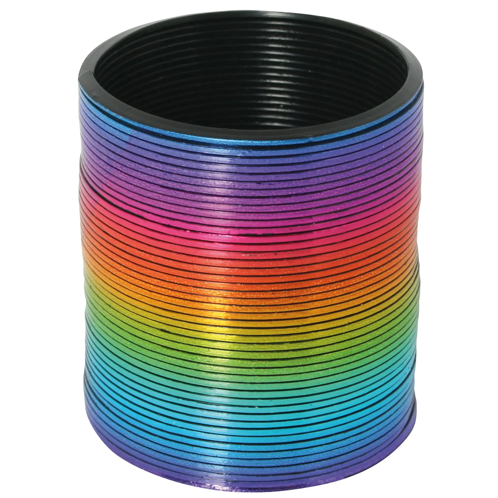 Rainbow plastic magic spring with a metallic finish, shown upright