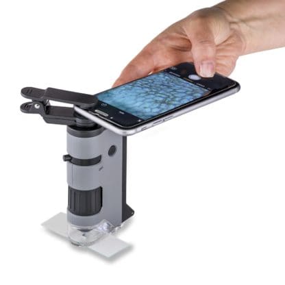 MicroFlip™ 100x-250x LED, UV Lighted Pocket Microscope, Flip Down Slide Base, Smartphone Digiscoping Clip